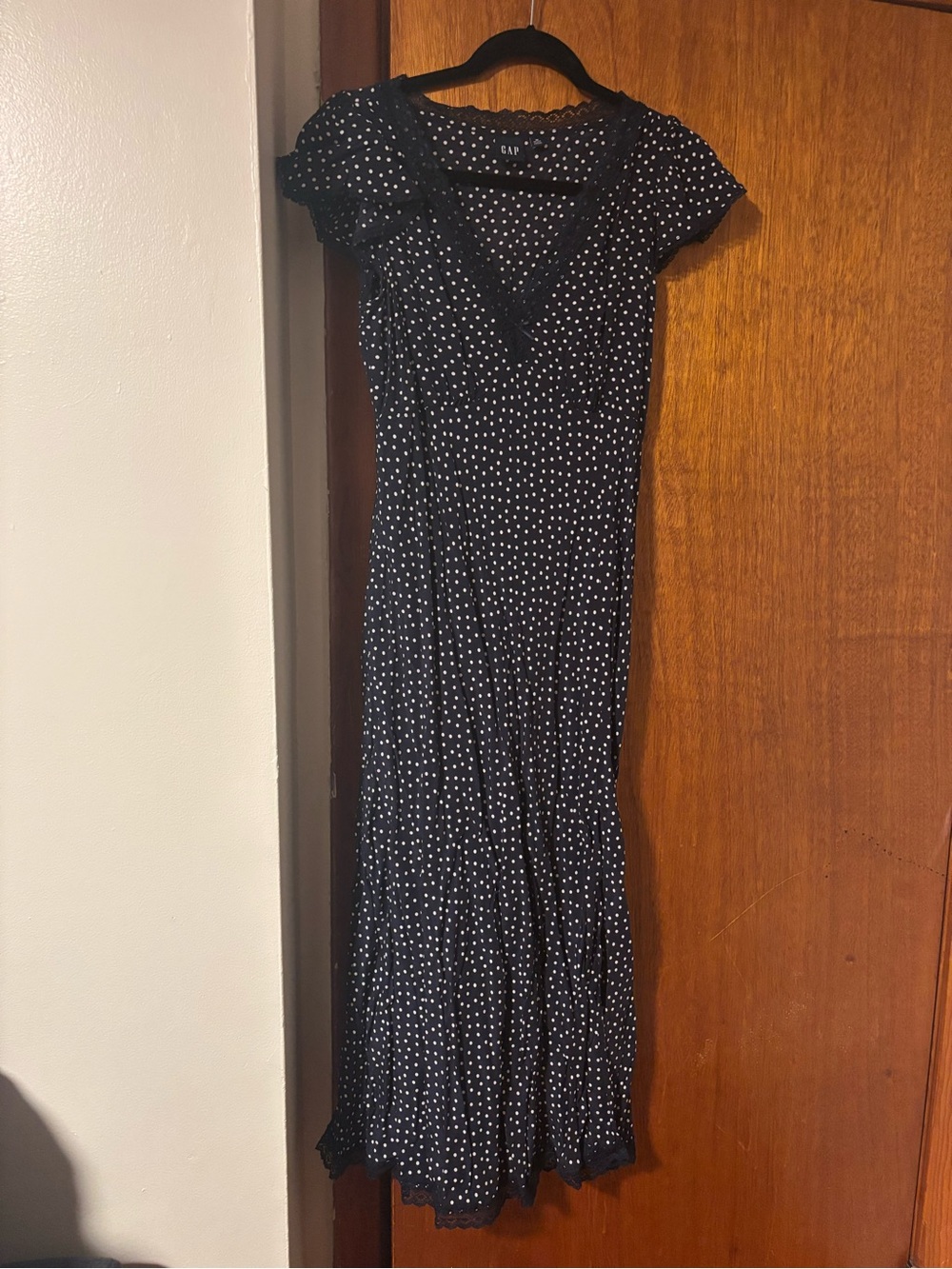 GAP Navy Dress with White Polka Dots V-Neck Midi